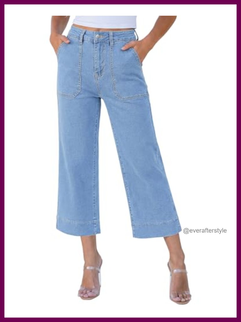 Wide Leg High Waisted Cropped Capri Jeans With Patch Pockets